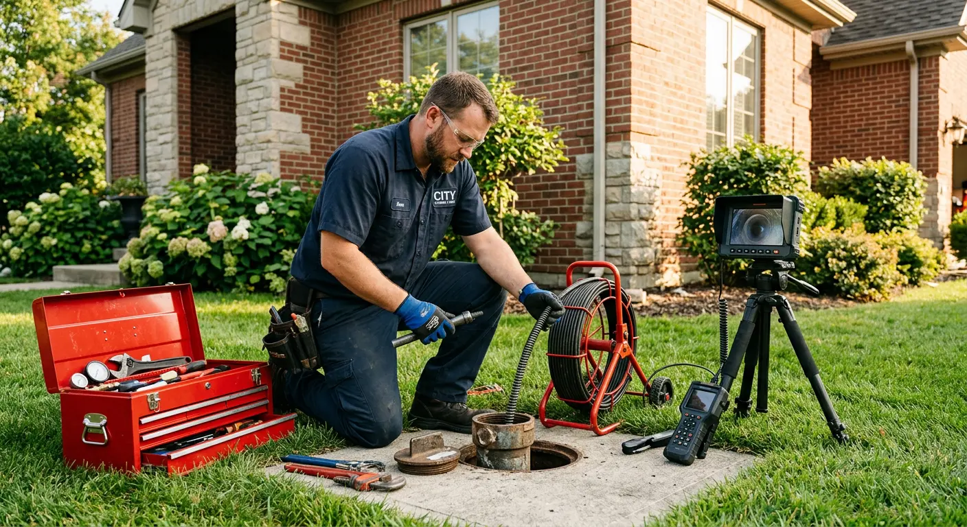 Sewer specialist with camera equipment servicing a cleanout in Tulsa