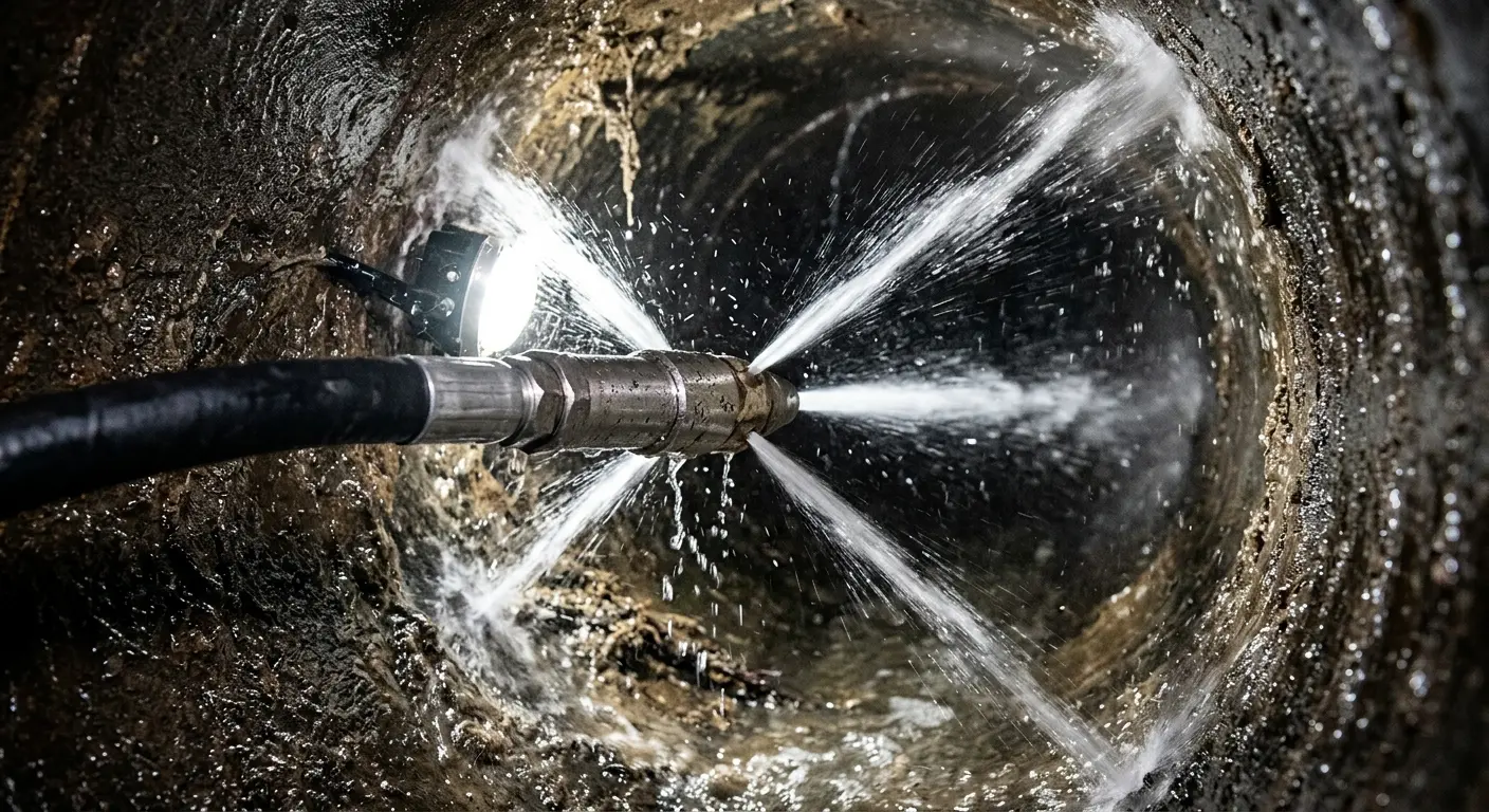 High-pressure hydro jetting nozzle cleaning sewer pipe for Emergency Drain Service in Tulsa
