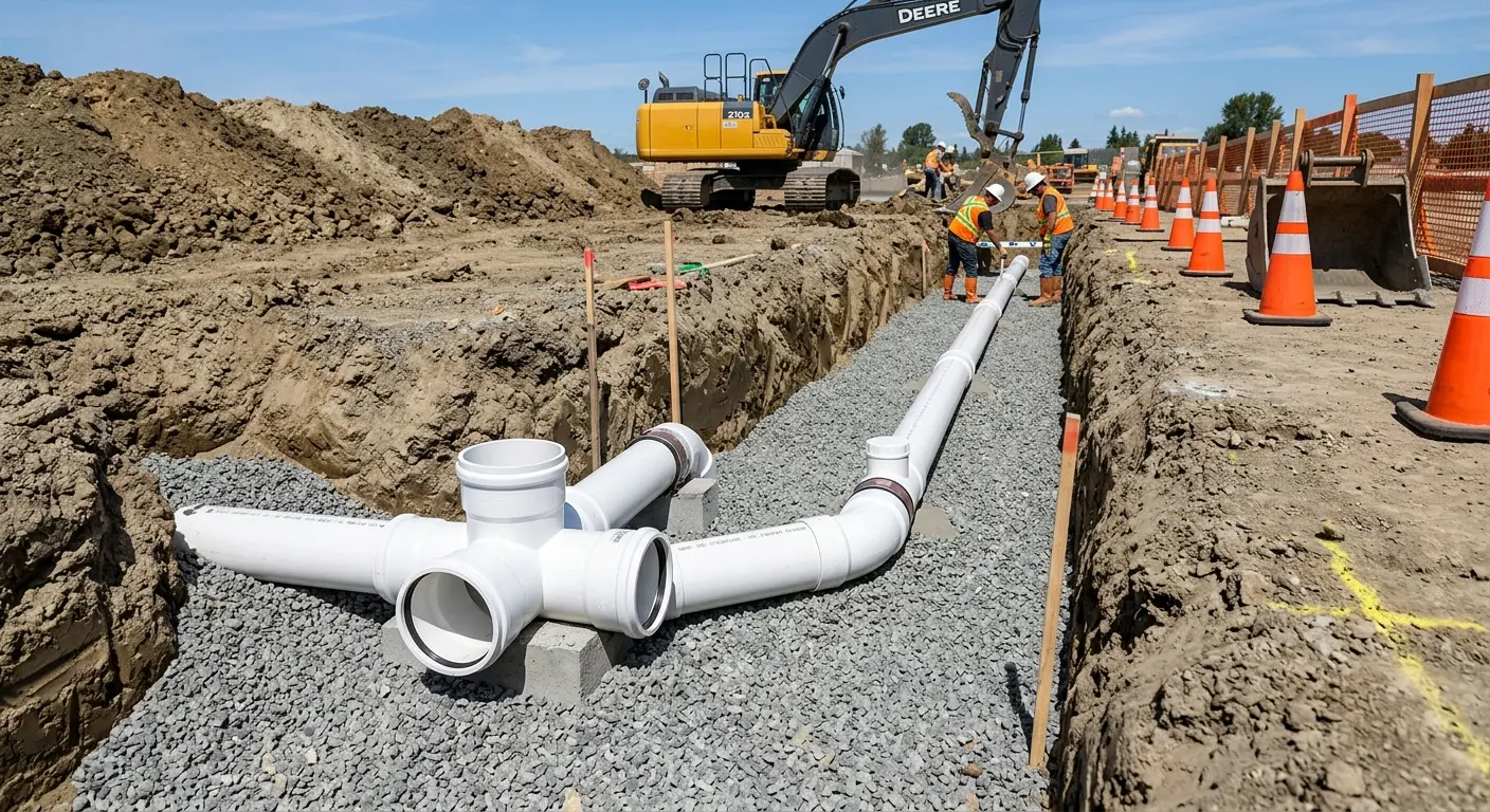 New PVC sewer pipe installation in open trench for Sewer Backup in Tulsa