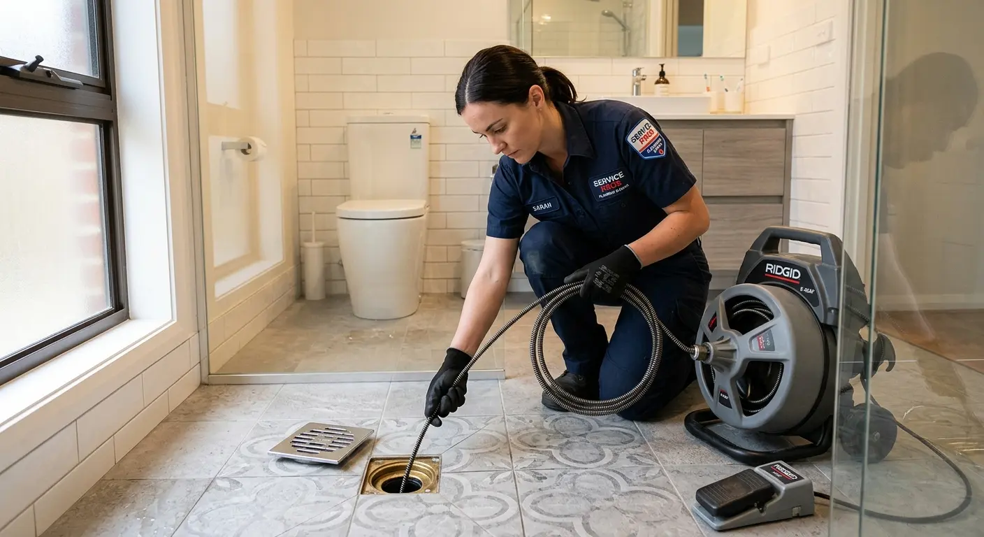 Technician clearing a bathroom floor drain for Sewer Line Replacement in Tulsa